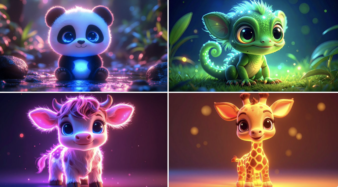 Cute animals glowing neon lights